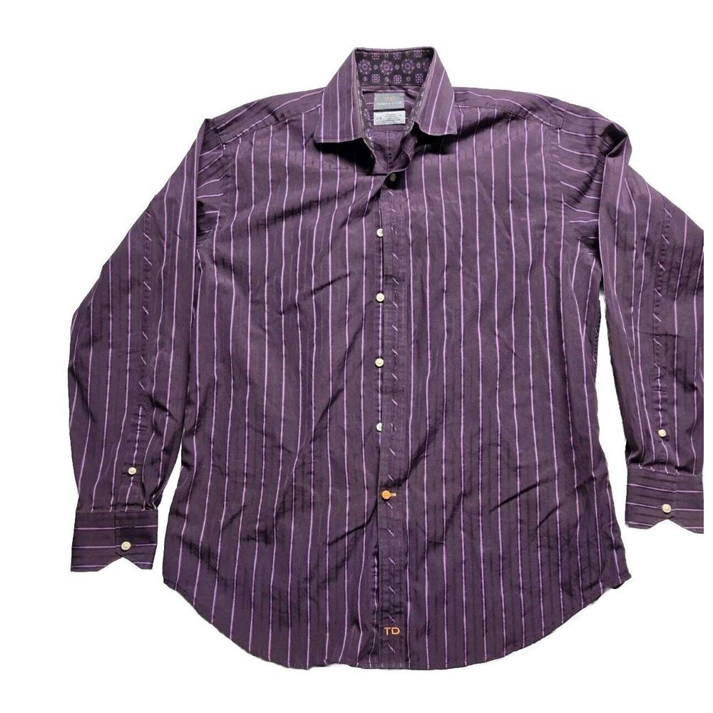 Thomas Dean Striped Button Down Shirt Long Sleeve Dress Shirt Purple L